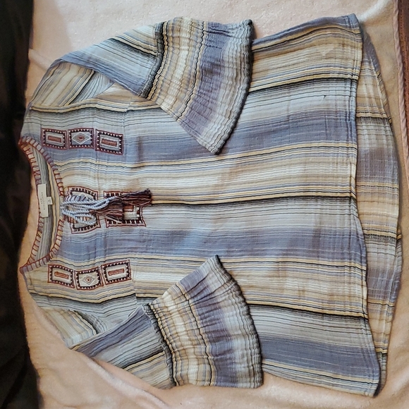 New Directions Womens Blue Striped Boho 3/4 Sleeve Embroidered Blouse-EUC-Sz S - Picture 8 of 15